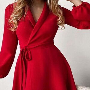 Surplice Tie-Waist Balloon Sleeve Dress